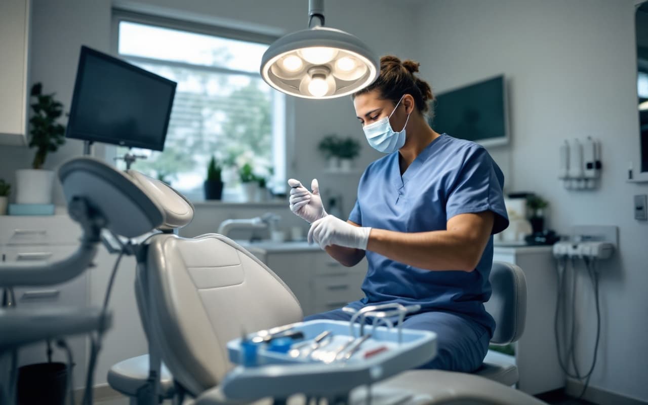 Dentist preparing a bright modern operatory