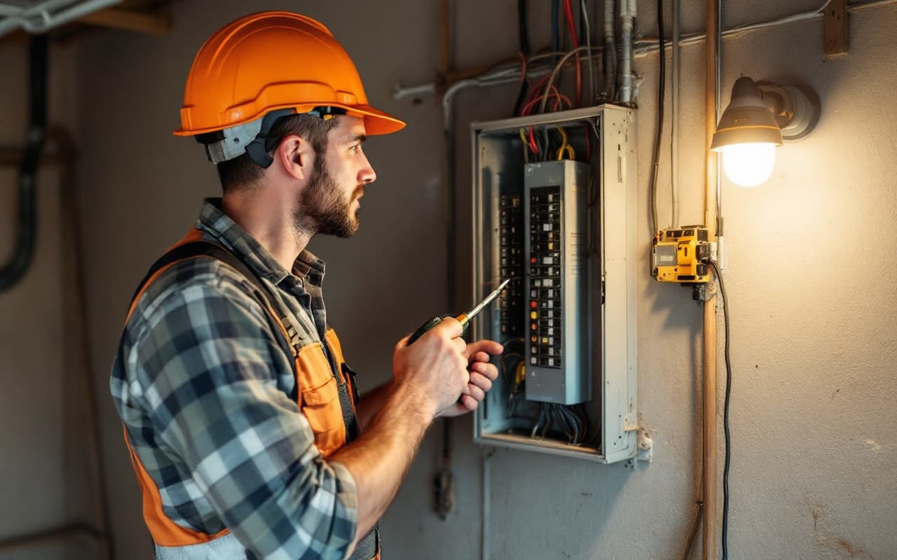 Electrician working at an open residential breaker panel