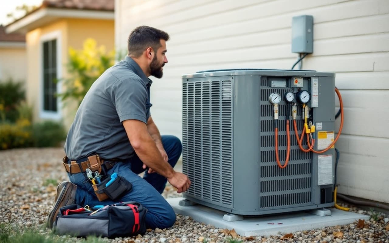 HVAC technician servicing a residential condenser unit