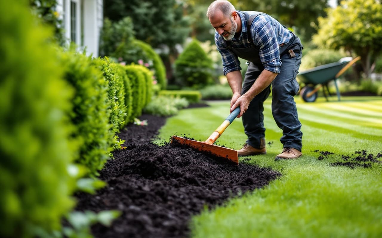Landscaper raking fresh mulch into a tidy garden bed