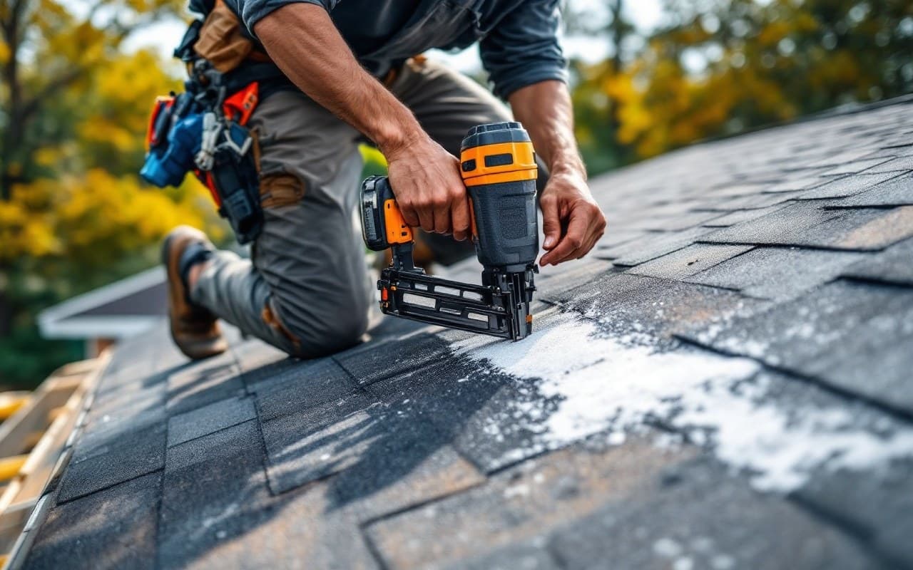 Roofer nailing fresh shingles over a repaired patch