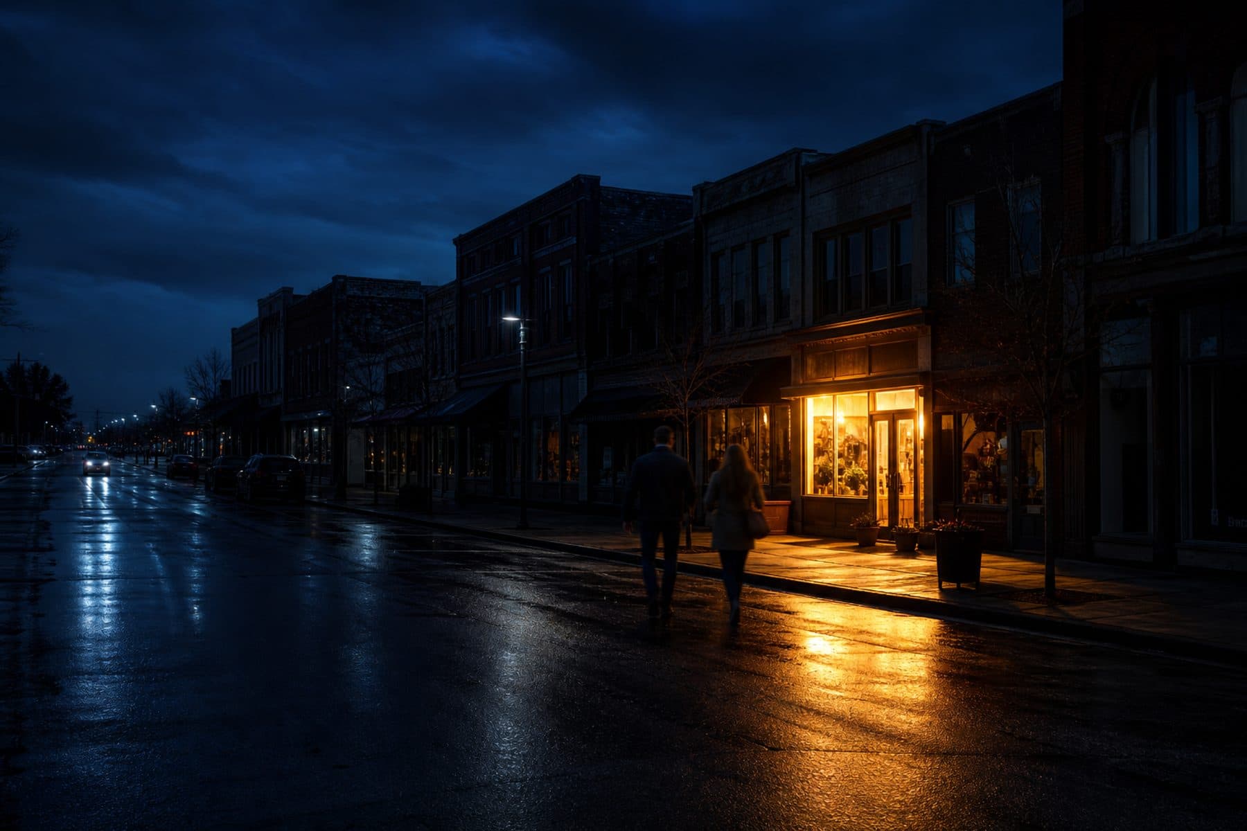 A dusk street of dark storefronts where a single shop glows with warm light