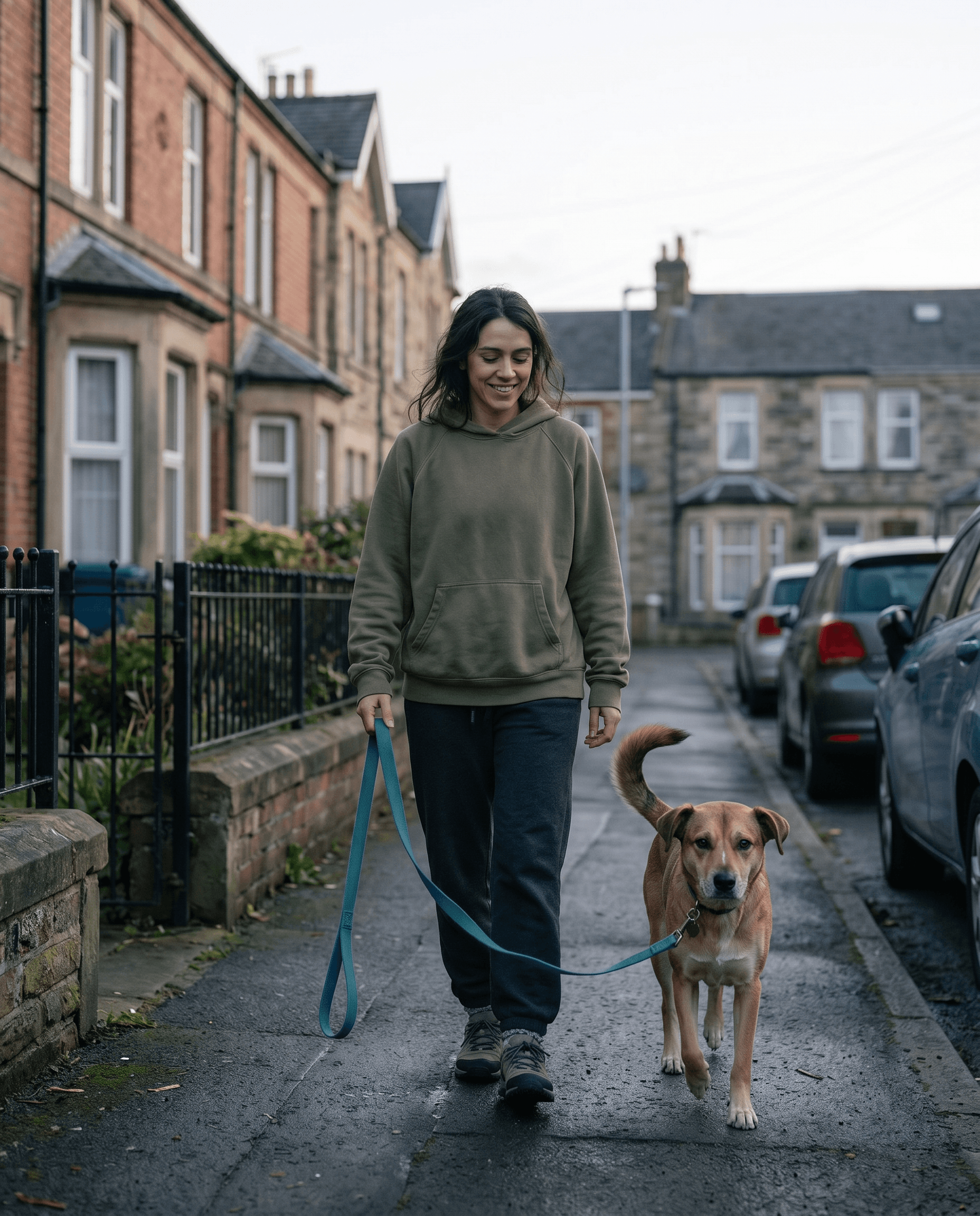 A woman walking her dog on a loose leash at dawn