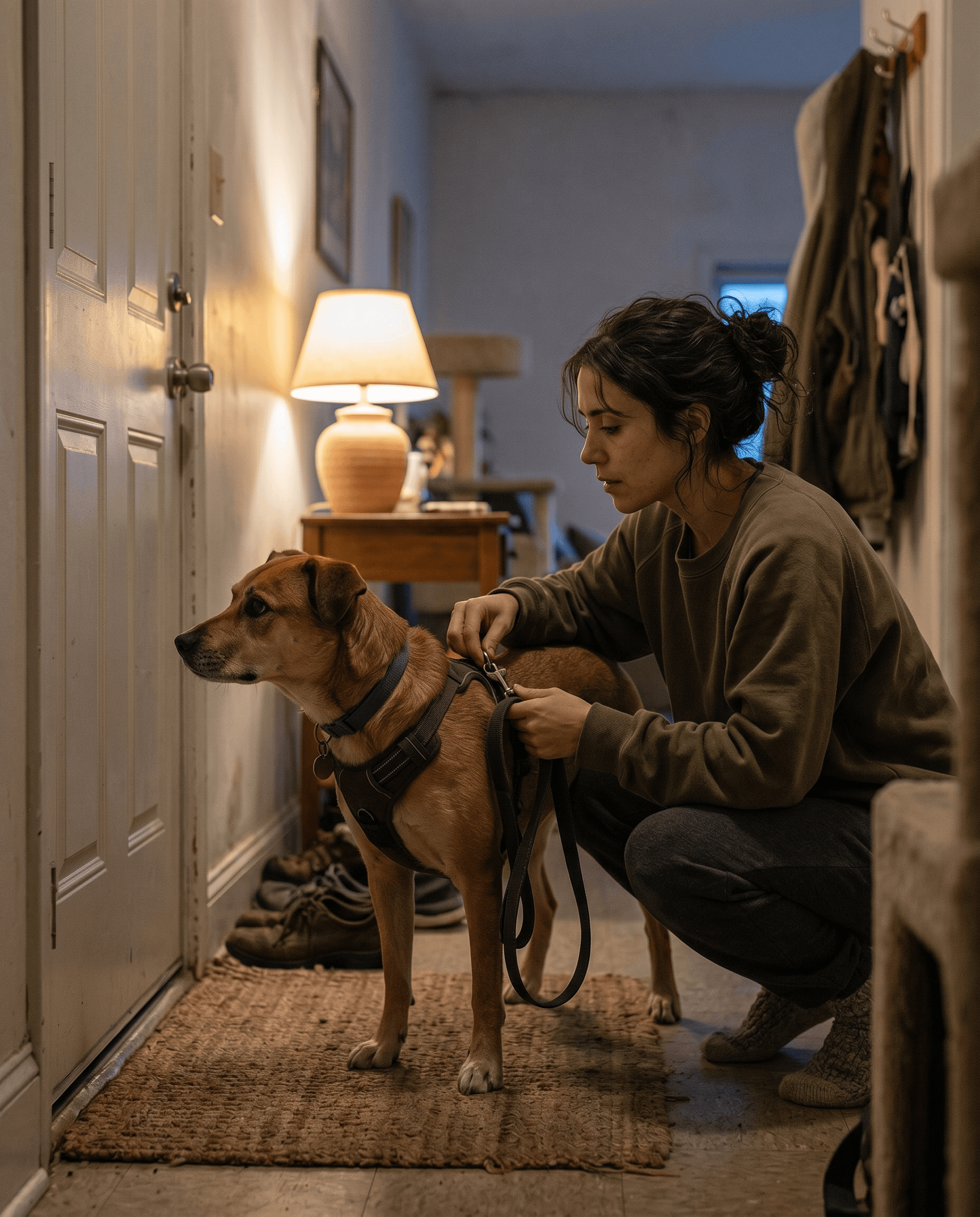 A woman crouching by the front door clipping a harness on her alert dog