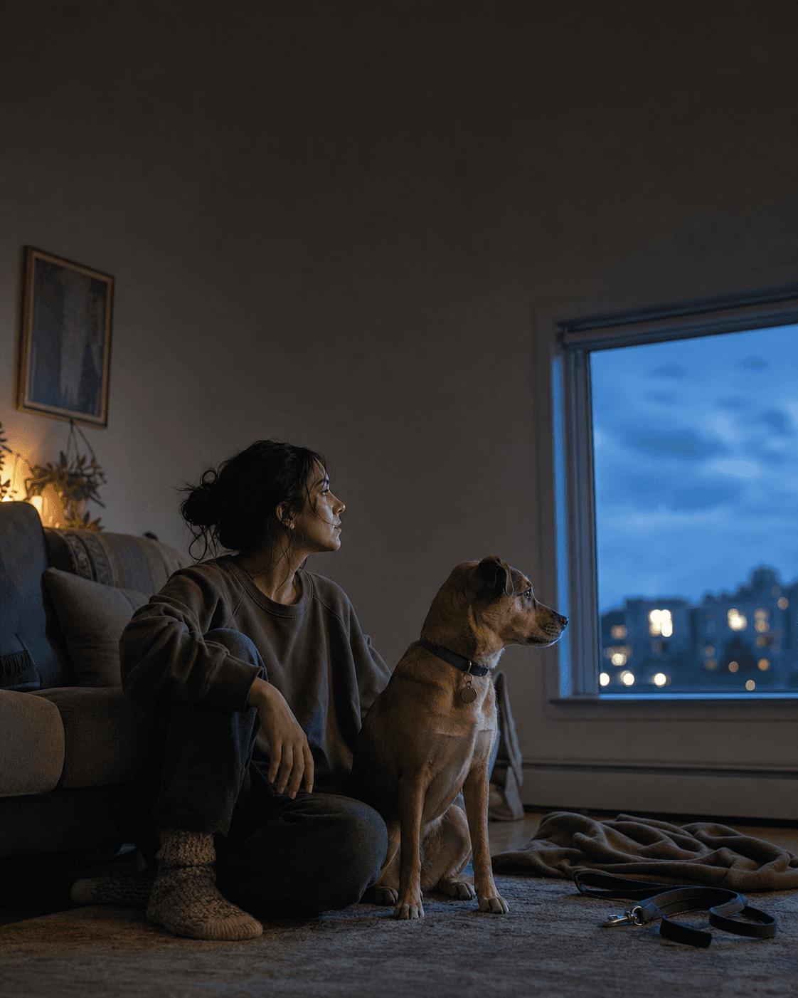 A pet owner and her dog sharing a quiet evening at home
