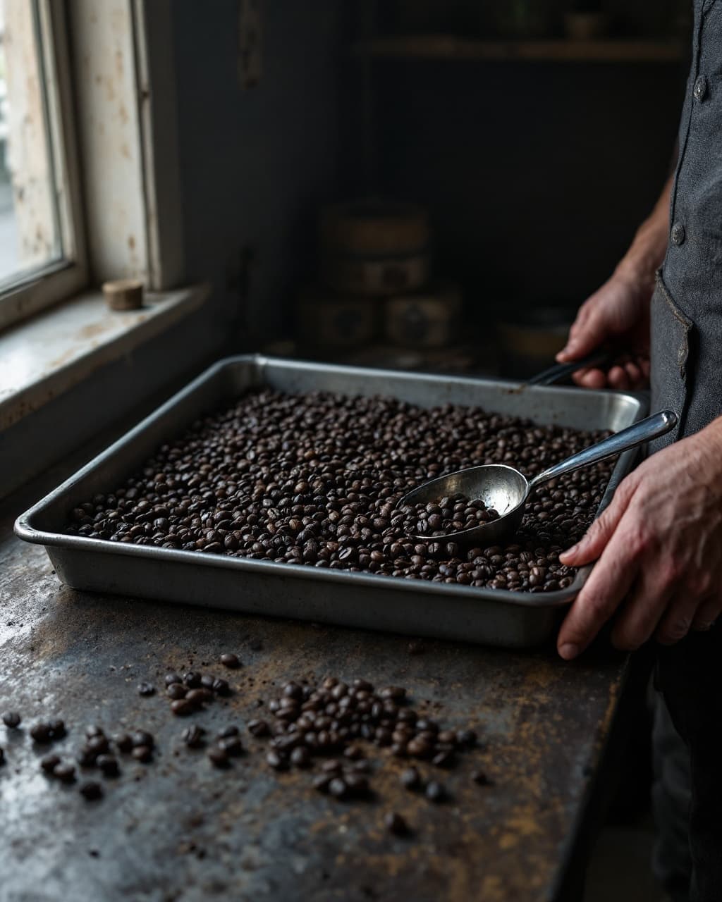A cooling tray full of scorched, over-roasted coffee beans