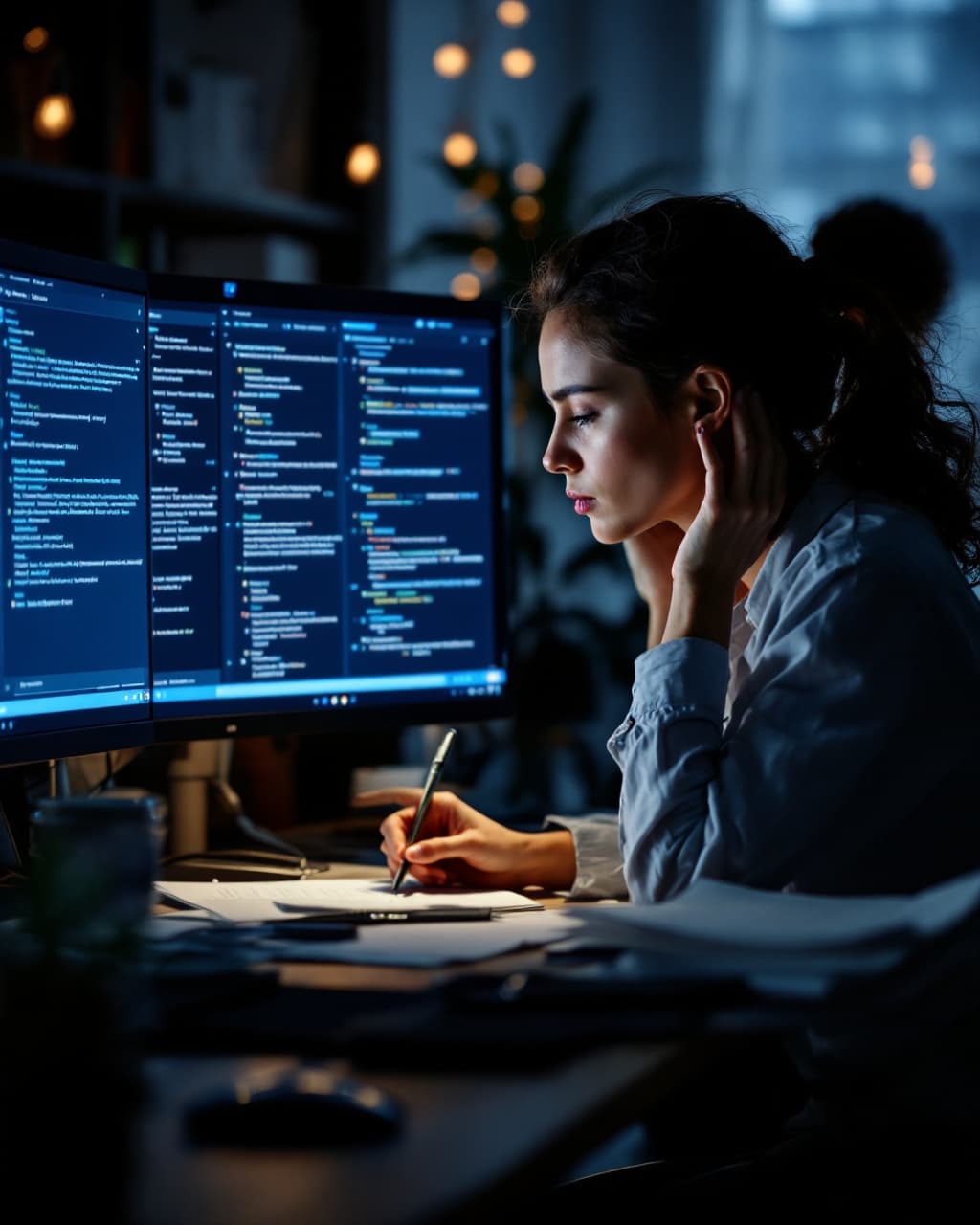 An operations manager at a desk late on Friday surrounded by scattered chat threads
